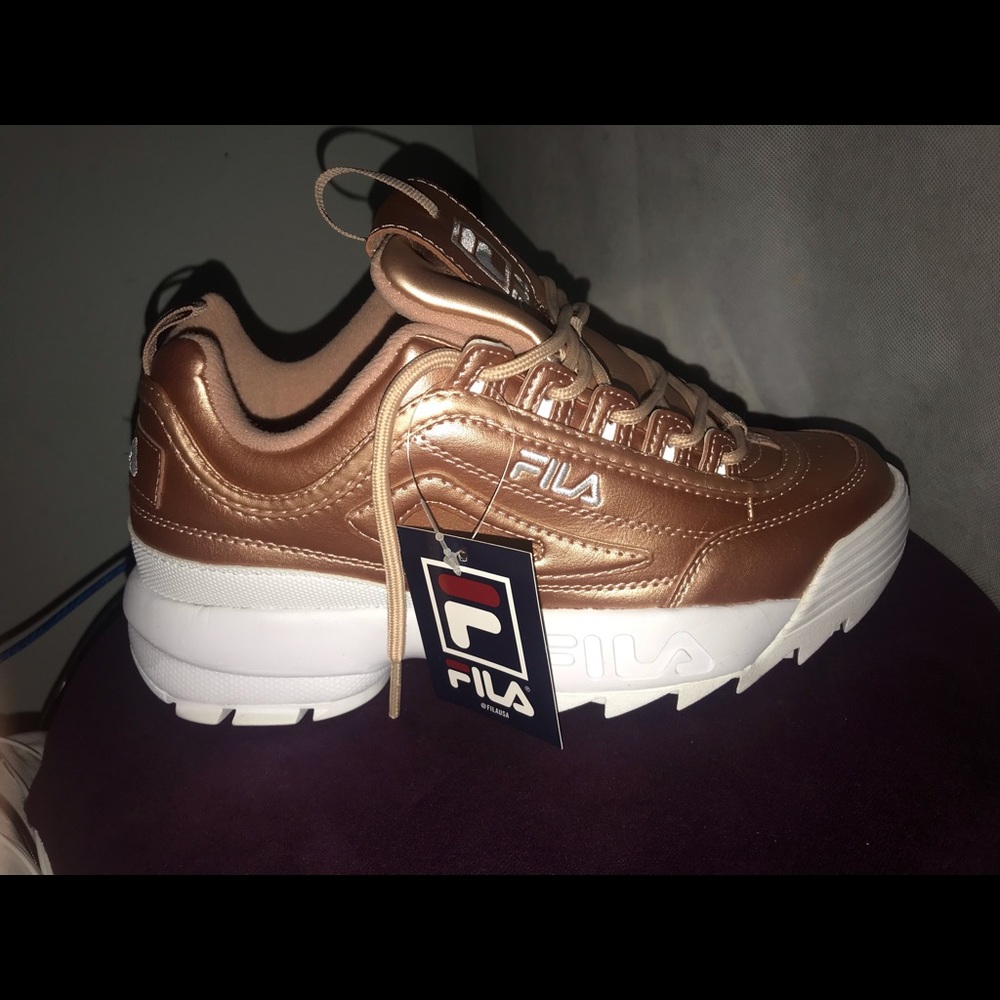 Rose Gold & White Fila Disruptor ll Sneakers